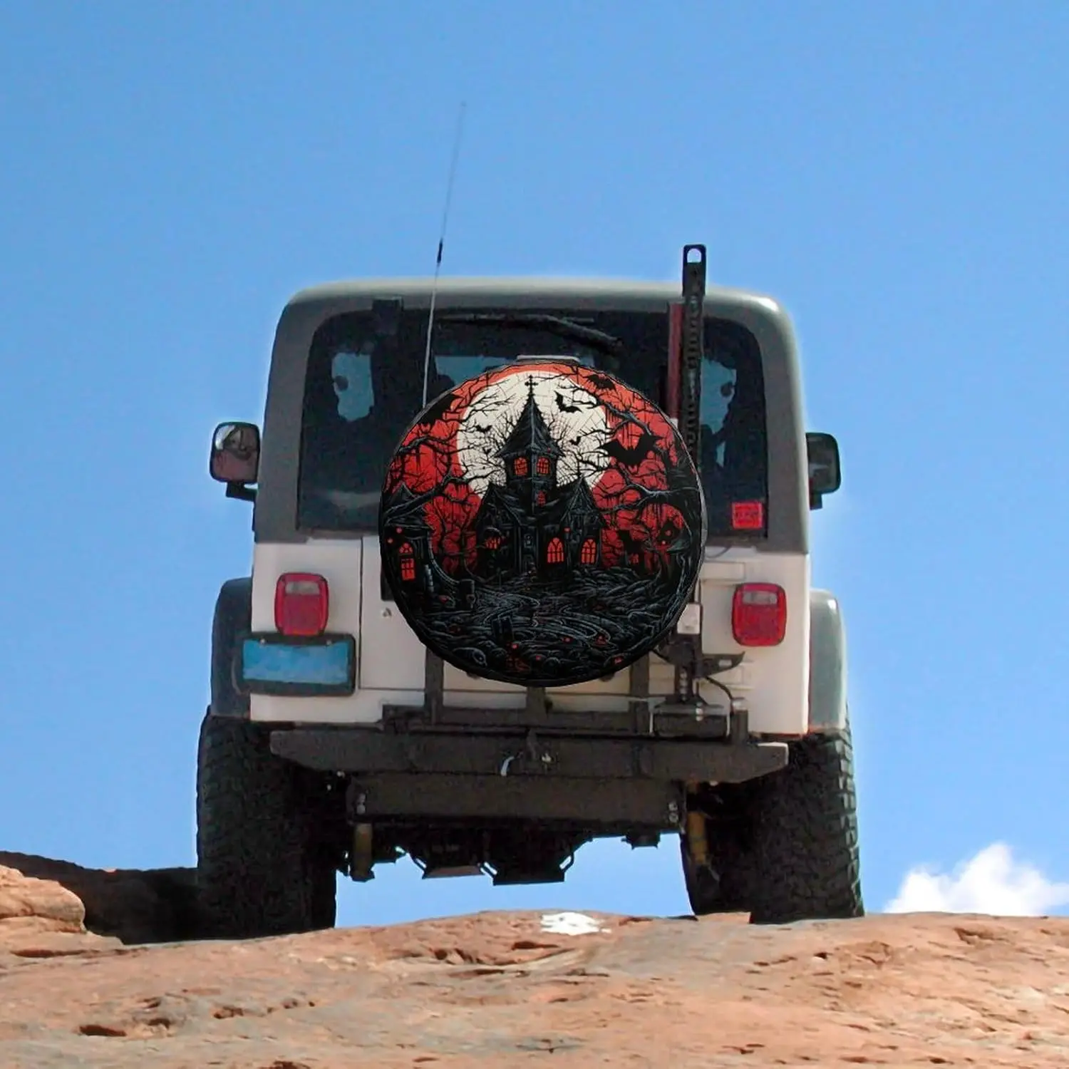 

Camping Spare Tire Cover Halloween Web Haunted House Full Moon Wheel Tire Covers Waterproof Sun Protection Fall Autumn