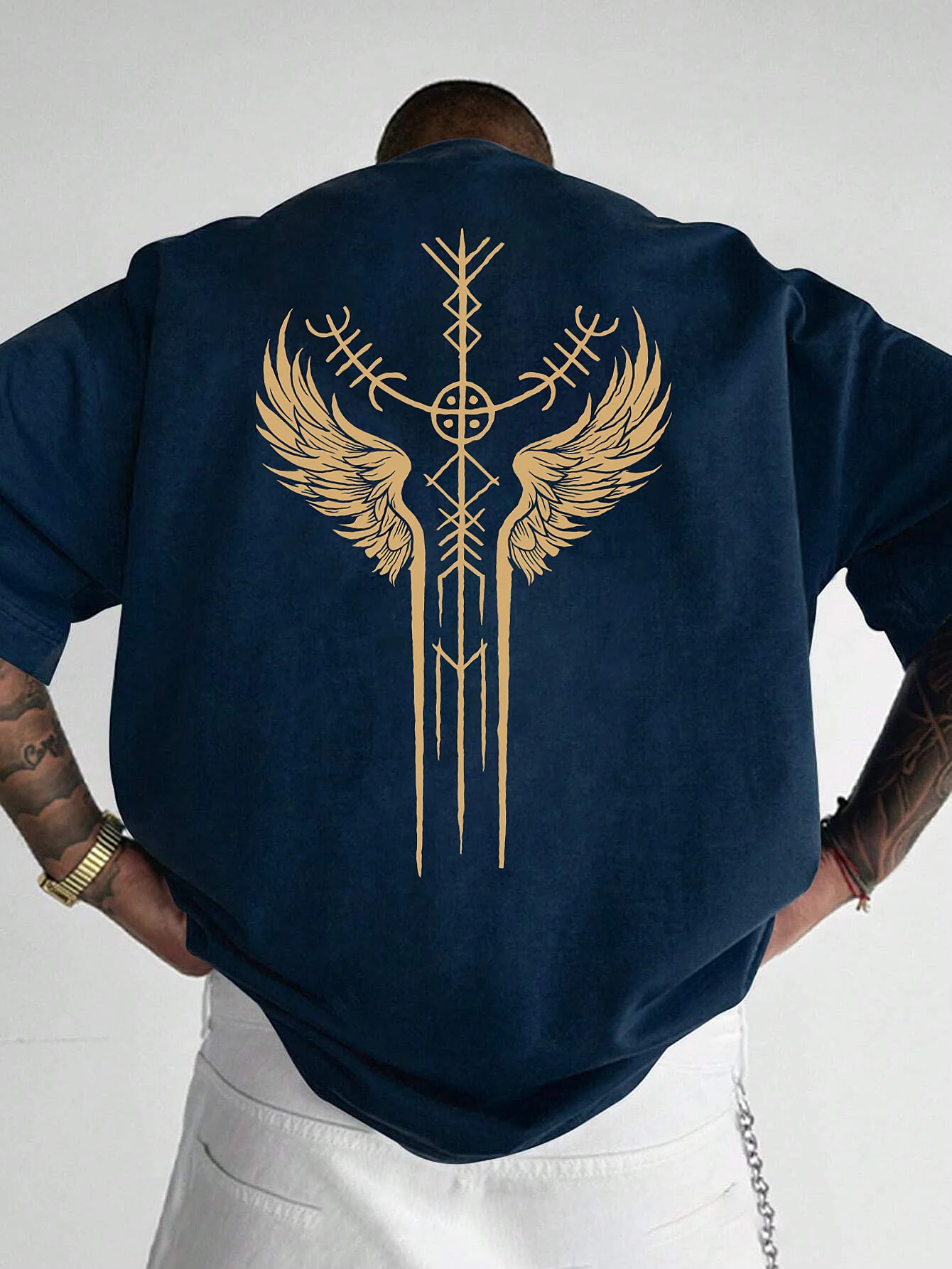 Men's Summer 100% Cotton Casual Fashion Geometric Wing Pattern Printed Loose Breathable Round Neck Short Sleeve T-shirt