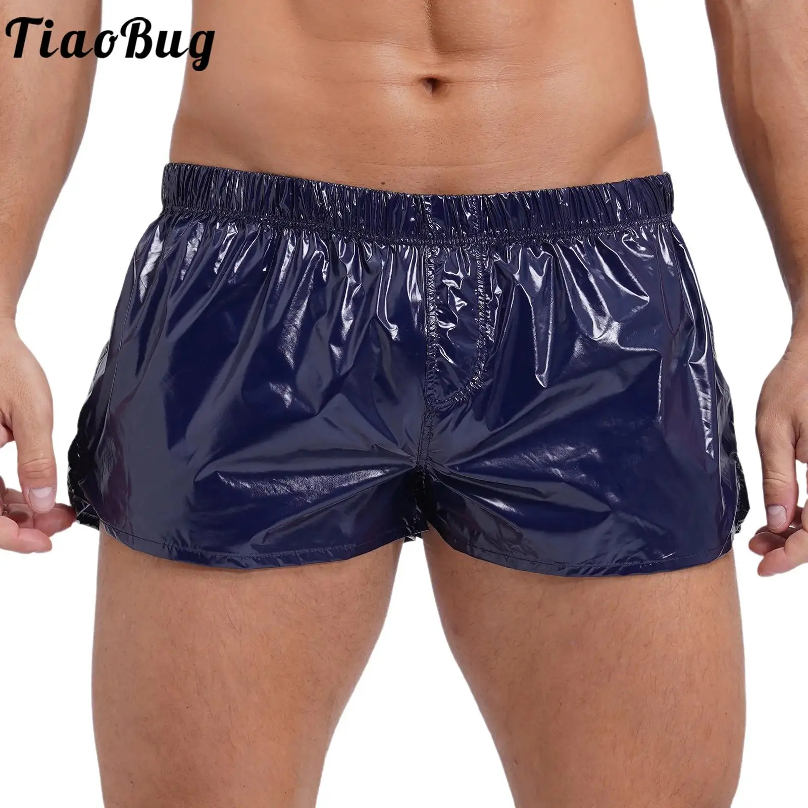 Shiny Beach Trunk Mens Low Rise Sides Slit Shorts Swimwear Slim Fit Glossy Swimming Trunks for Vacation Pool Party Nightclub