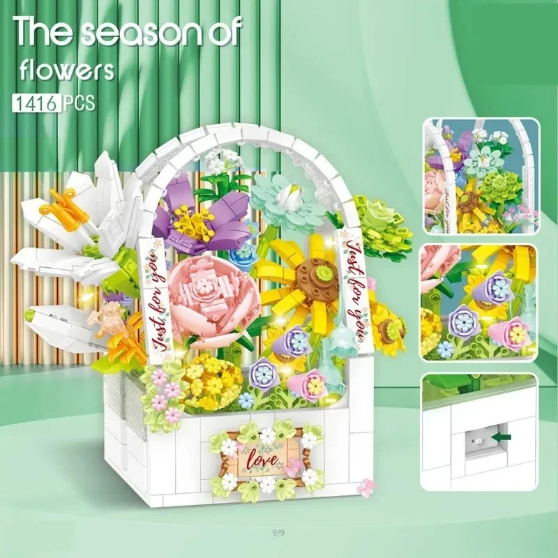 Eternal Flower Basket Building Blocks DIY Assembly Brick Ornament Toys Desk Decor for Birthday Wedding Holiday Decoration