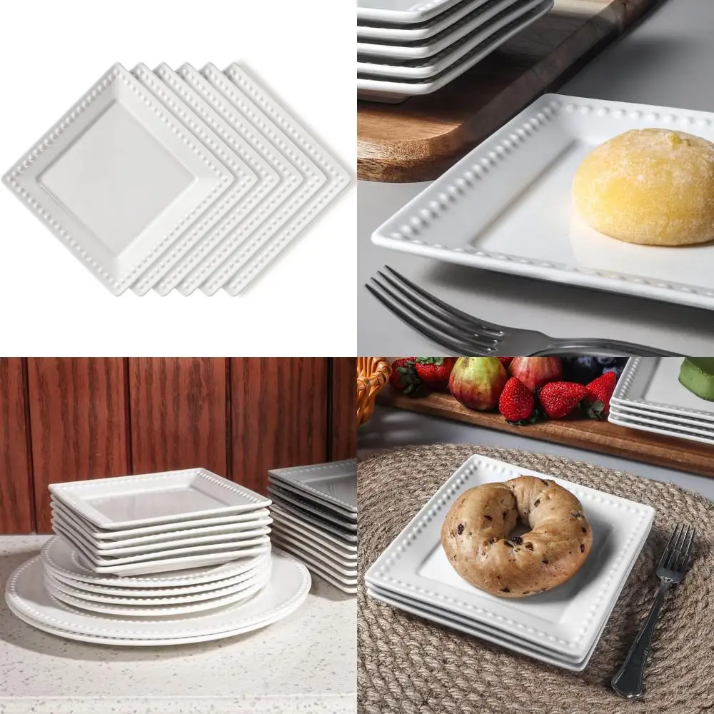 

embossed ceramic appetizer & dessert plates - set of 6, 6 inch white square dinner plates for snack & restaurant, dishwasher & m