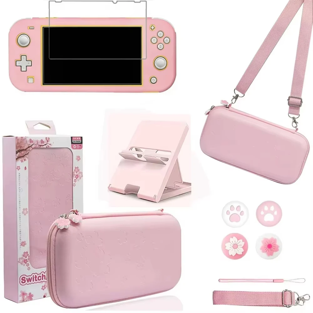 Zestaw akcesoriów 8 w 1 do konsoli NS Switch LITE, różowa sakura, etui PU z ochroną ekranu.