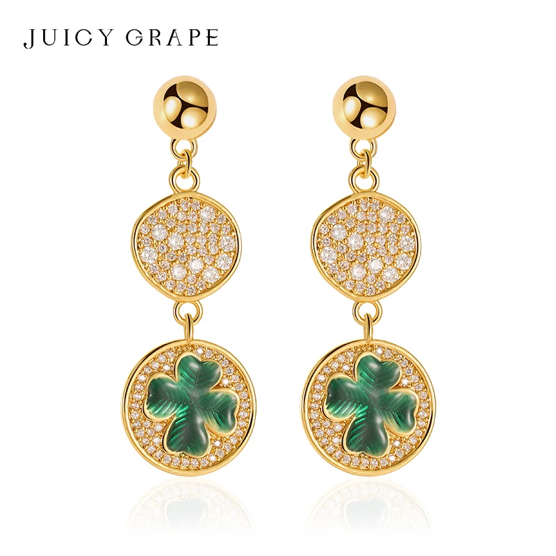 

JUICY GRAP Lucky Four-leaf Clover Long Earrings Designer Jewelry Clip-on Earrings for Round Faces Suitable Ear Accessories