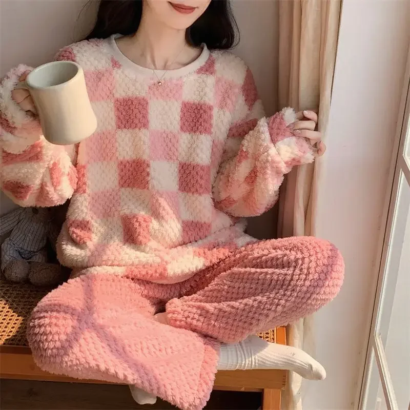 145Kg Pajamas Women's Autumn and Winter Fat Mm Coral Fleece Loose Women's Pullover Sweet Student Dormitory Loungewear Set Simple