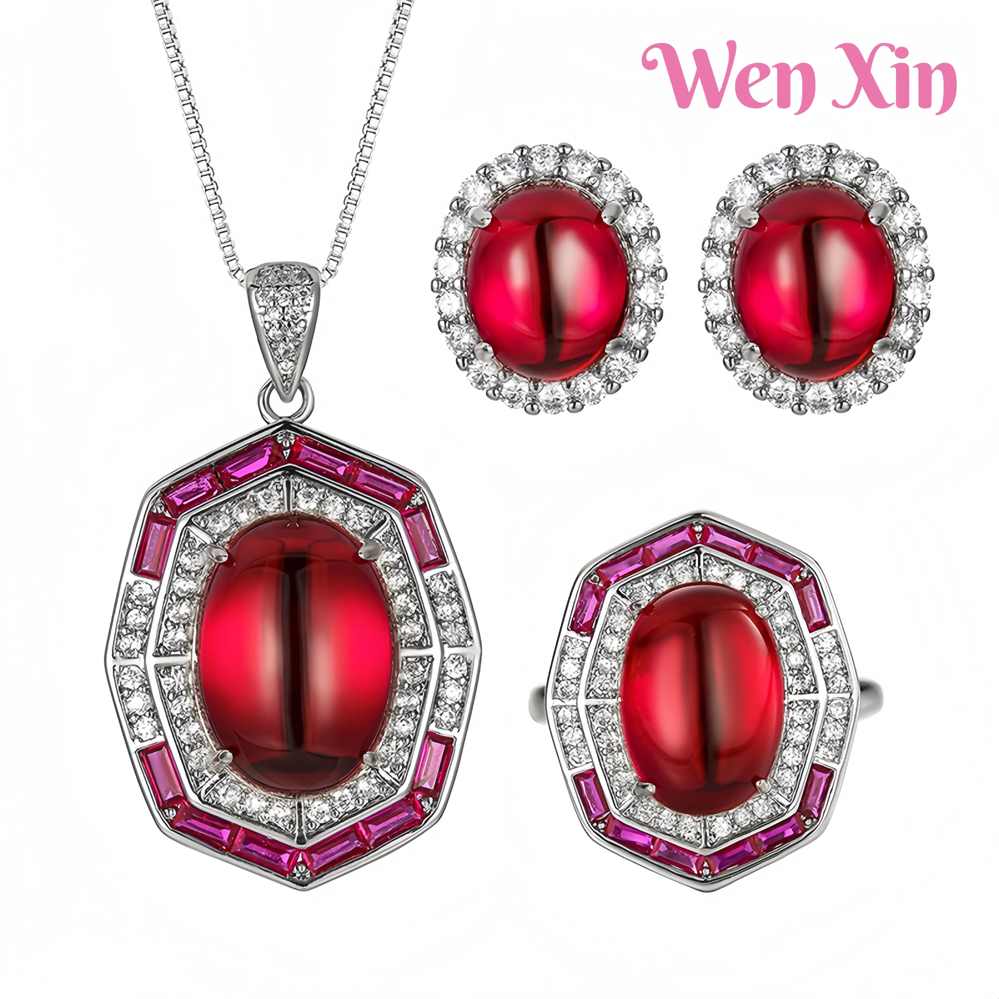 

WENXIN Brand MUSHAN MCT Copper Base Simulation Red Corundum Light Luxury Ring Necklace Earring Pendant Set Fashion Jewelry