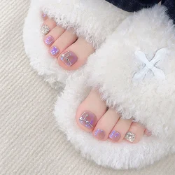 SKY CLOUD 12pcs Glitter Crystal False Toenails Full Cover Wearable Rhinestone Fake Toe Nail Patch for Feet Nails Supplies