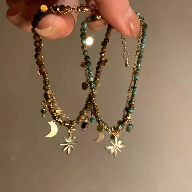 Vintage Natural Stone Double Layered Beads Bracelets For Women Fashion Metal Mang Star Pendant Bracelets Charm Jewelry Gifts