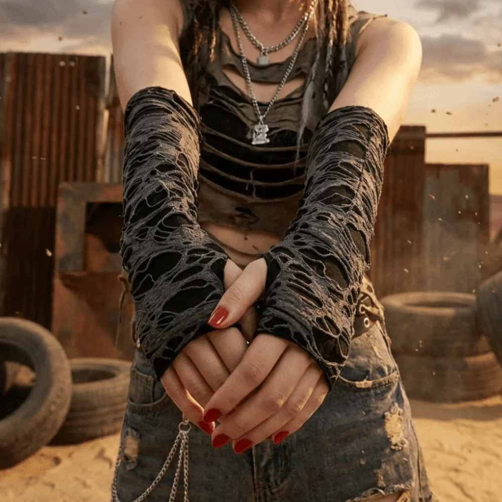 

Y2K Long Punk Gloves Dark Style Distressed Style Fingerless Arm Warmers Desert Wind Lightweight Hollow Out Arm Sleeves Festival