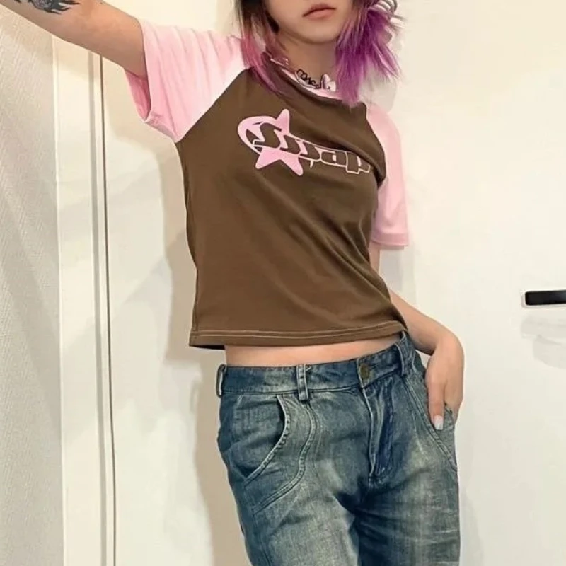 Aesthetic Summer Baby Tee Y2K Korean Patchwork Clothes Emo Streetwear Goth Harajuku Graphic Print T-shirt Women Vintage Crop Top
