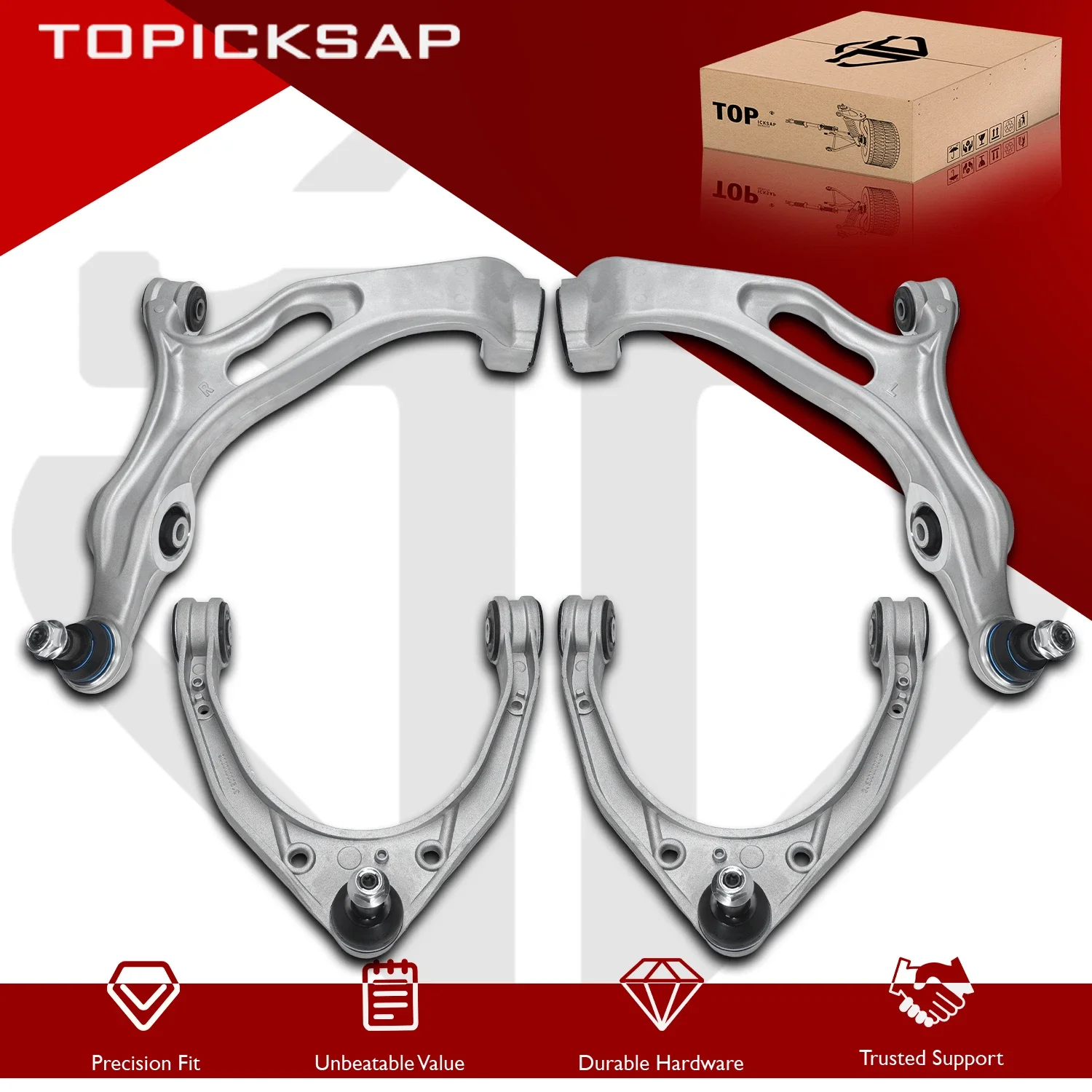 TOPICKSAP 4Pcs Front Upper/Lower Control Arm Kit for Porsche Cayenne 958/VW Touareg 7P5 2010-2018 Suspension 7P0407151B