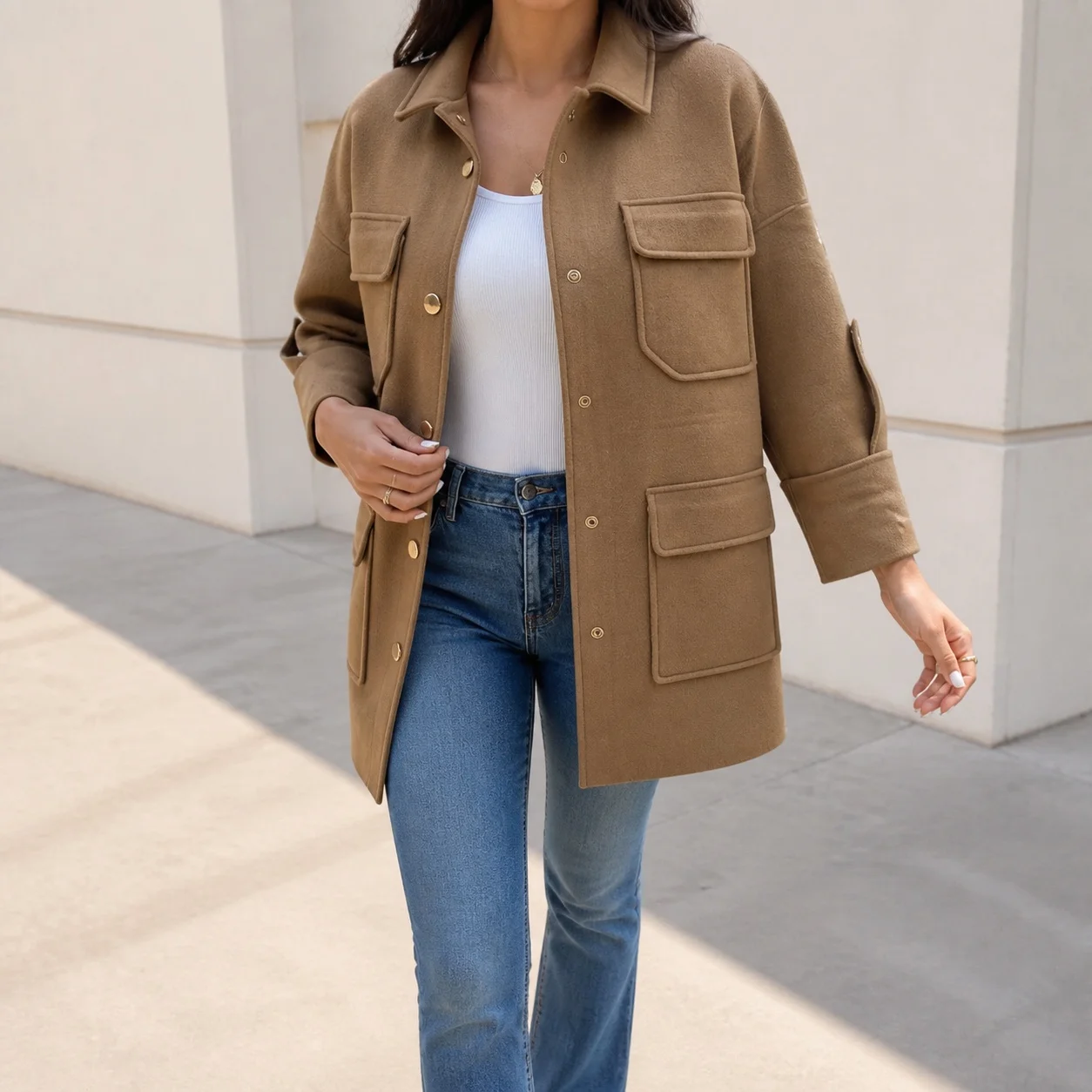 Pocket Pockets Coat Regular Fit Commuter Style with Single Breasted Multi Button Closure Mid Length Nine Tenth Sleeve for Women