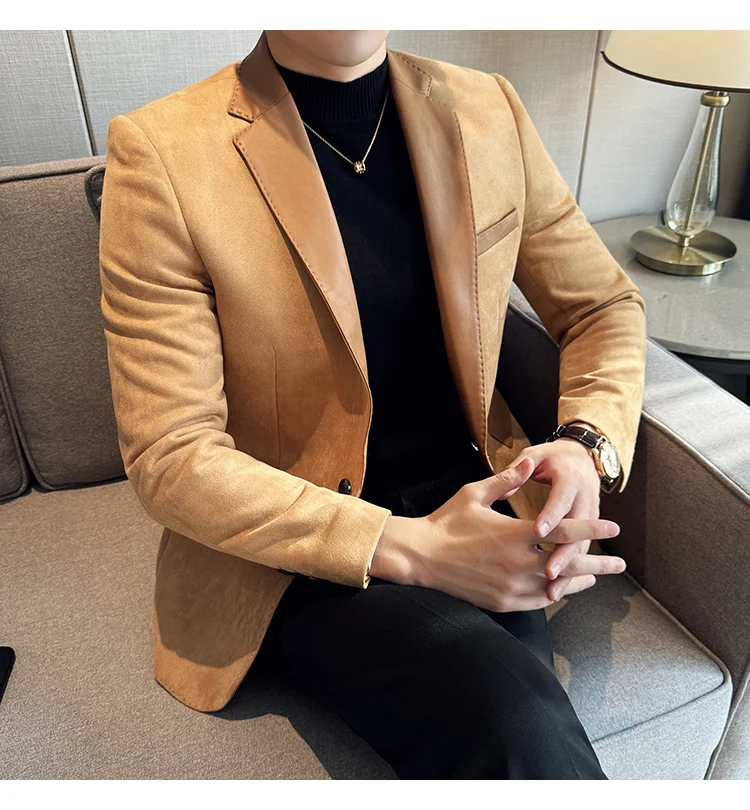 Suede Patchwork Men's Slim Fit Suit Blazer Korean Stylish Elegant Jacket Suit Blazer For Men Designer Luxury Dress Jackets 2025