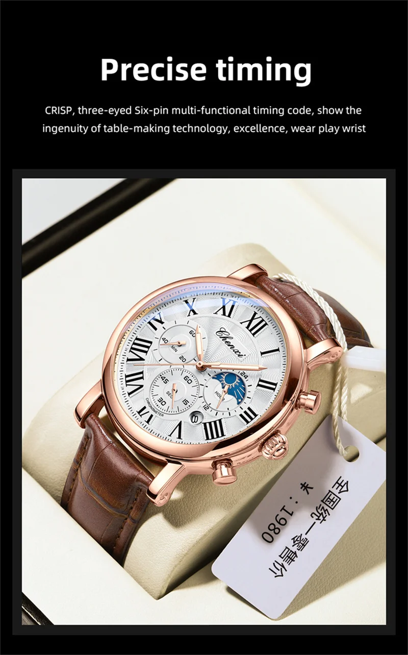 CHENXI 973 Herren-Quarz-Armbanduhr, wasserdicht, leuchtender Chronograph, Multifunktions-Mondphase-Herrenuhren, часы Afrikaans – Detail 5