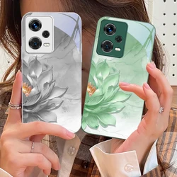 Side Lotus White For Xiaomi 14 Ultra 13 Lite Redmi Note 13 11 Pro 12 Plus Poco X6 3 Pro F4 6 GT Tempered Glass Phone Case