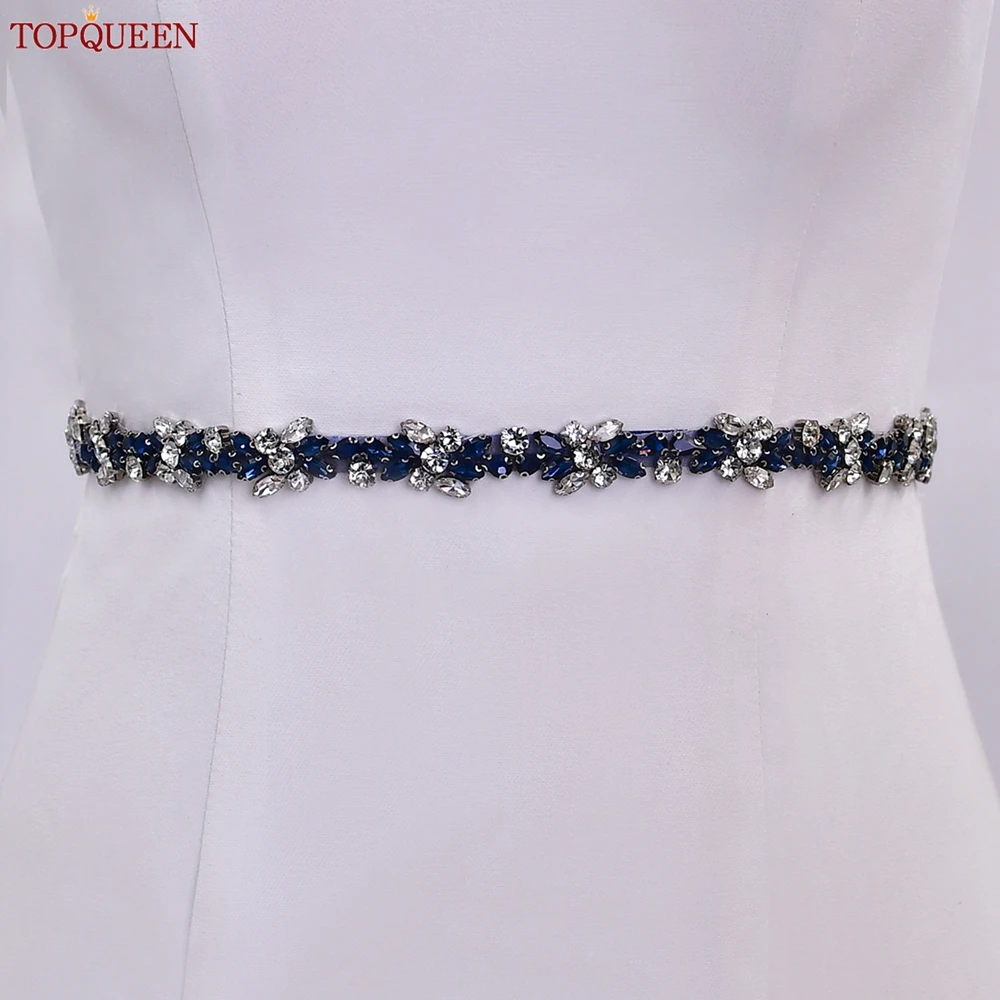 TOPQUEEN Navy Blue Rhinestone Bridal Belt Crystal Applique Belt Wedding Accessories Evening Gown Waist Decoration S437-ML