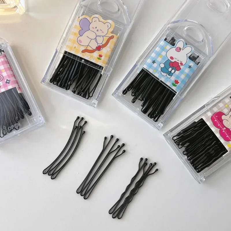 30pcs/box Black Straight Wave Hairpins Korean Versatile Bangs Hair Clips for Children Women\'s Boxed Metal Bobby Pin Barrette