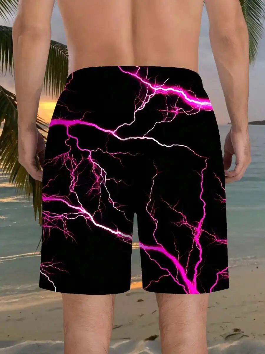 

Mens Black Beach Shorts With Pink Purple Lightning Print Loose Fit Summer Swim Trunks