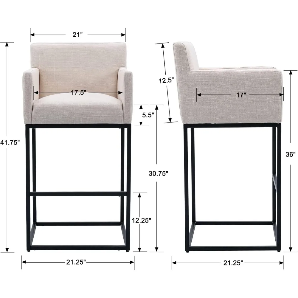 Conjunto de 2 bancos de bar modernos com altura de balcão, bancos de bar estofados em tecido de linho com costas, bancos de ilha de cozinha de 30 polegadas com inteligência