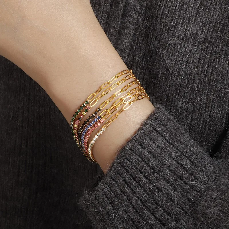 2mm Thin Colorful CZ Stainless Steel Stackable Chain Bracelet for Women Girl