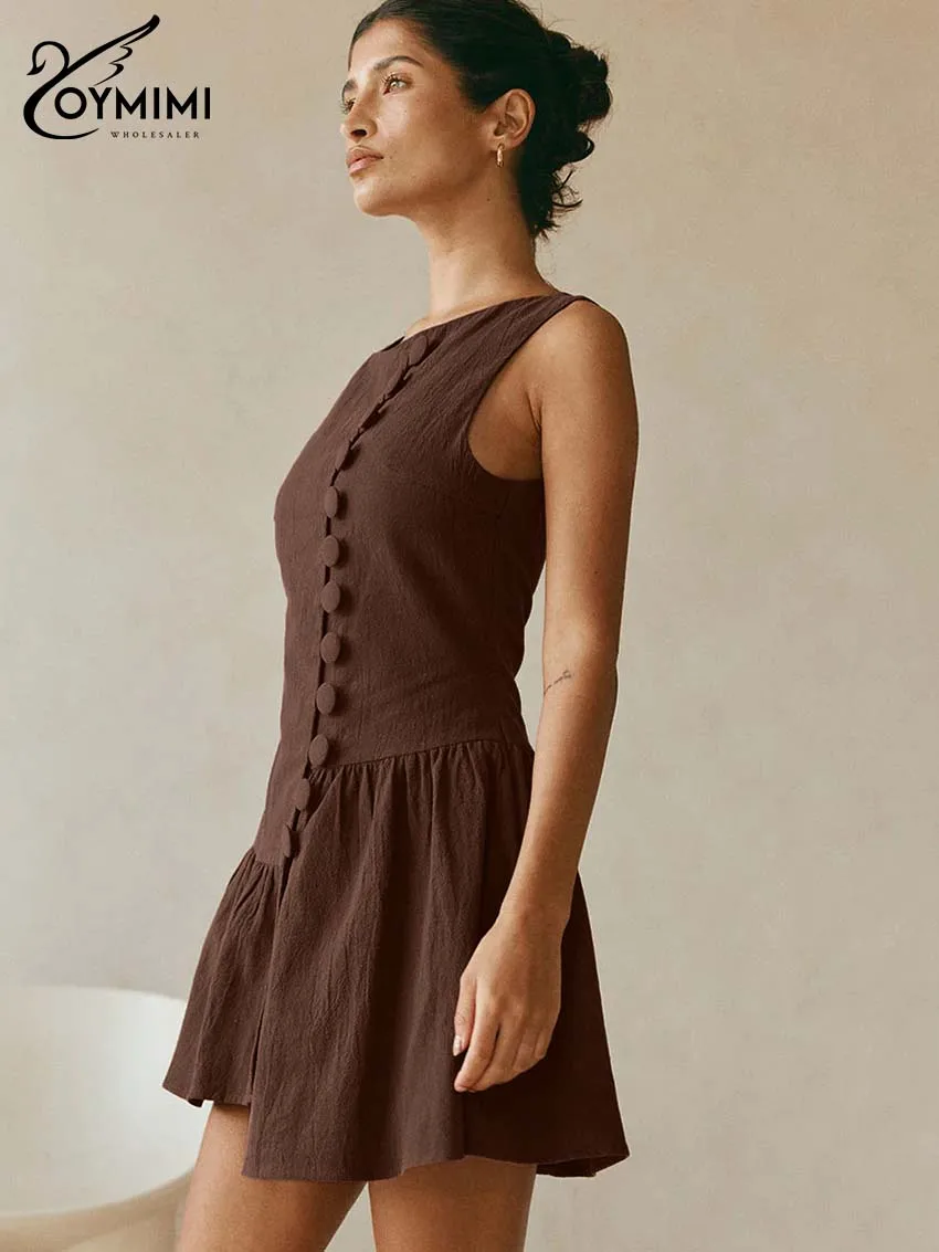 فساتين Oymimi Fashion من القطن البني للمرأة أنيقة برقبة دائرية بدون أكمام فساتين واحدة الصدر للخريف فستان قصير بطيات للسيدات