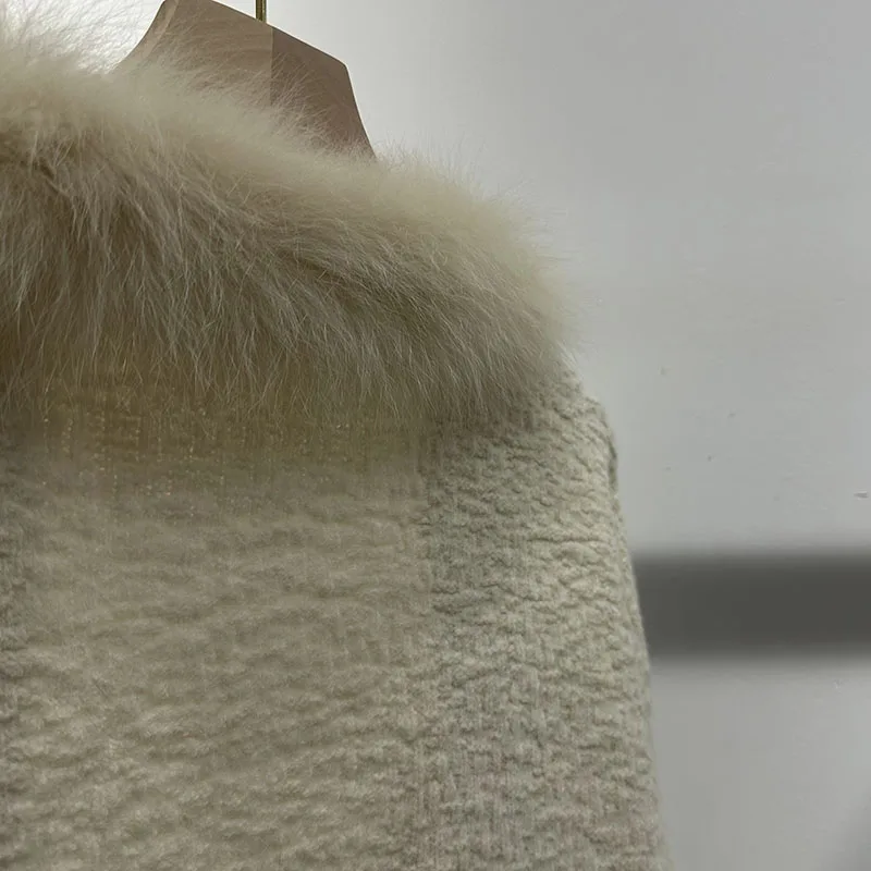 2026 Long Sleeve Loose Women Autumn Cardigans With Real Fox Fur Trimming Oversize Female Genuine Fur Knitwear Open Stitch