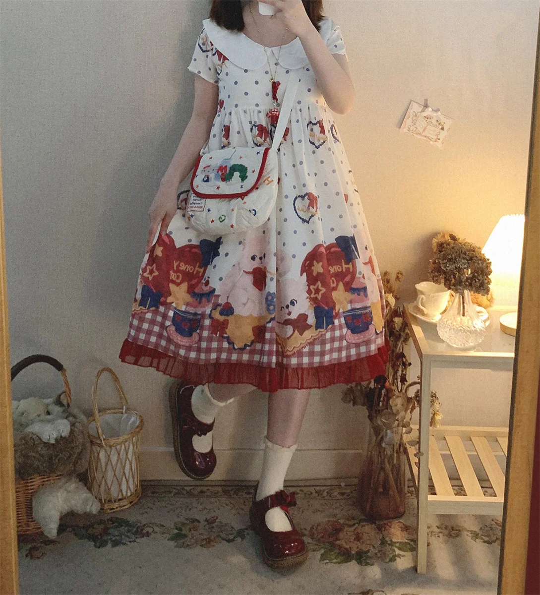 Robe Lolita Cosplay de Style japonais pour filles, jolie robe Jsk Kawaii à volants avec col de poupée imprimé gâteau chat à pois