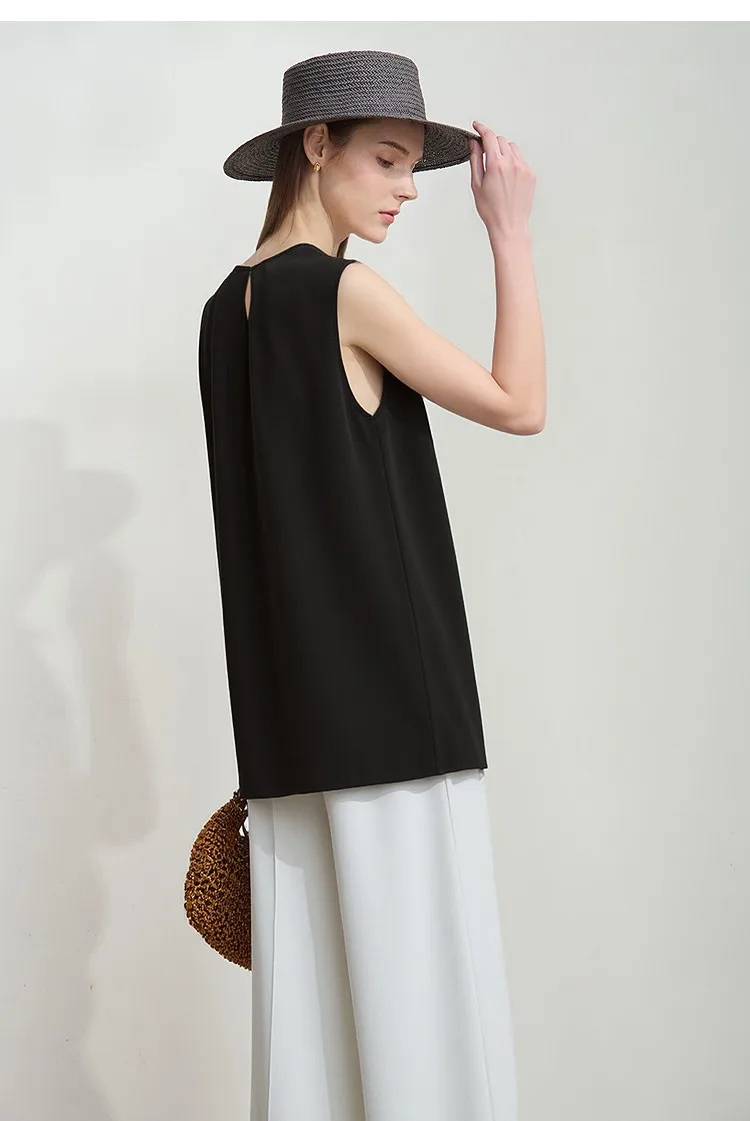 Amii Ärmellose Damenbluse 2026 Sommer O-Ausschnitt Asymmetrisches Chiffon-Top für Damen Elegantes Plissiertes Büro-Fließhemd 12642060 – Detail 23