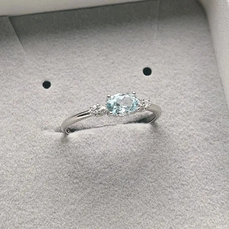 Natural Aquamarine Ring for Office Lady 0.5ct Aquamarine 925 Silver Jewelry with 3 Layers 18K Gold Plating Keep Shining