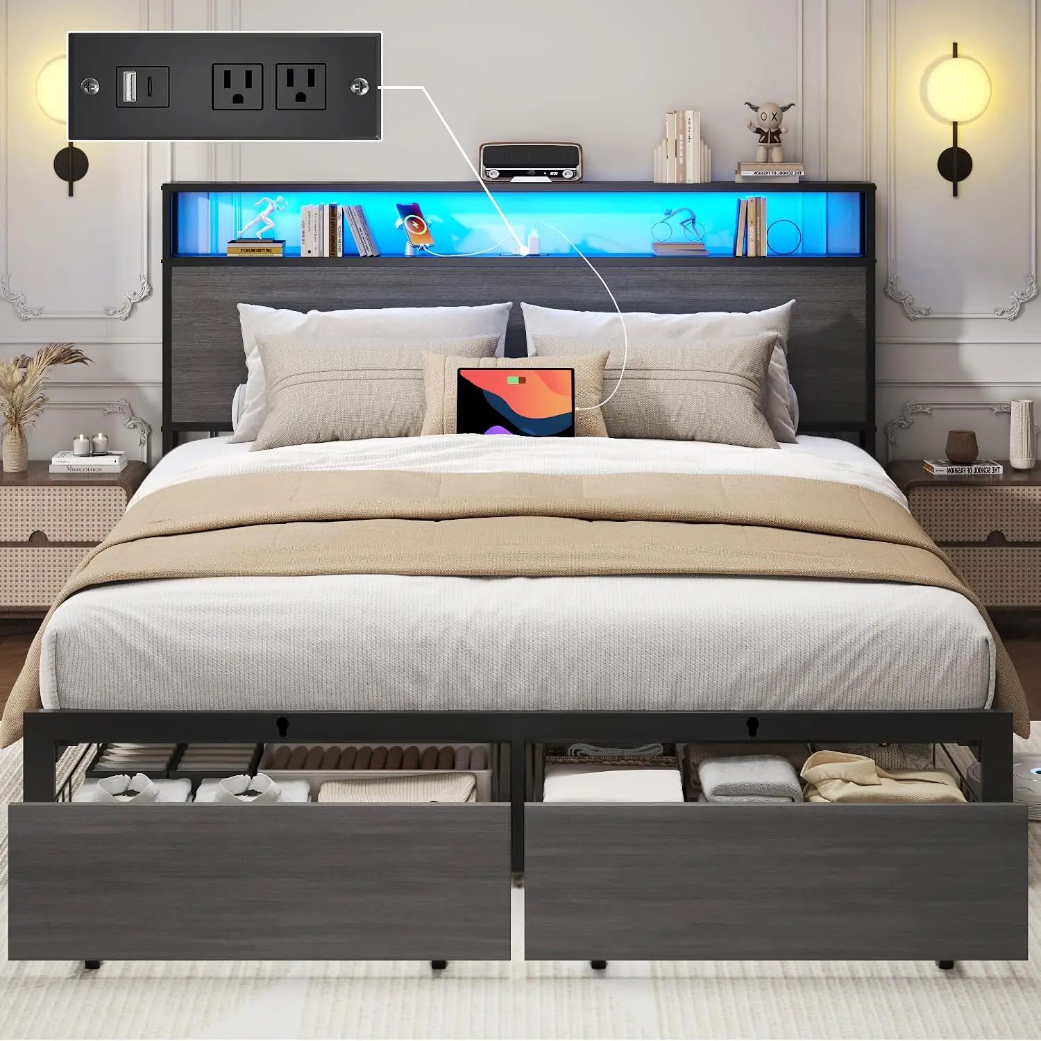 Lifezone Queen Bed Frame with 2-Tier Storage Headboard, Bedroom Metal Bed Frame with 2 Storage Drawers & Fast-Charging Station &