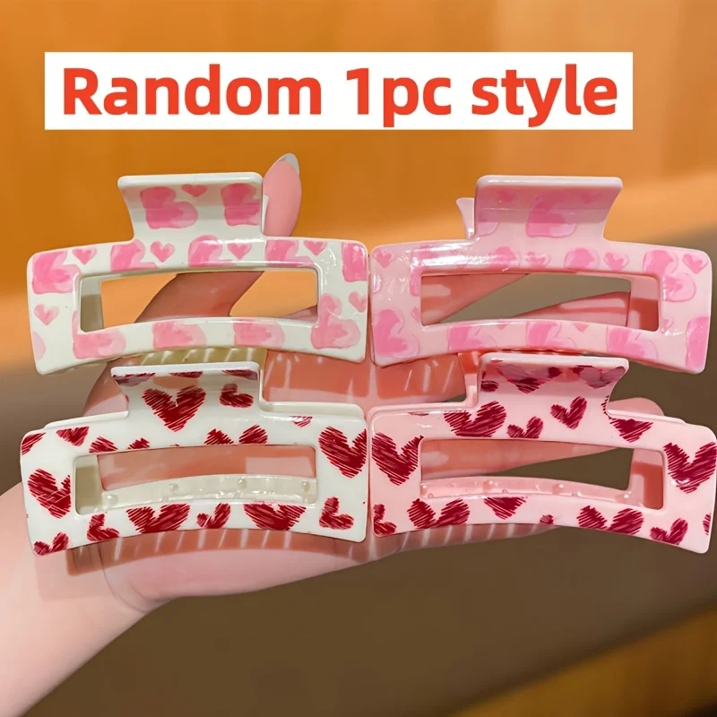 1pc Heart Pattern Medium Square Hair Clip, Pink & Random Colors, Cute for Valentine's Day Daily Party Gift Elegant Women's Gifts