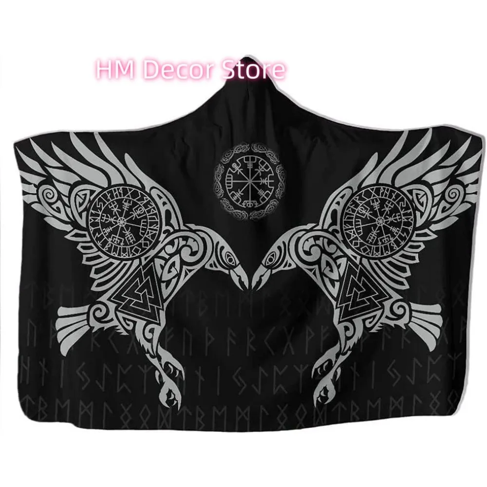 Viking Hooded Blanket Cloak Nordic Mythology Fenrir Wolf and Crow Pattern Wearable Blanket Novelty Travel Cape Wrap Blanket Warm