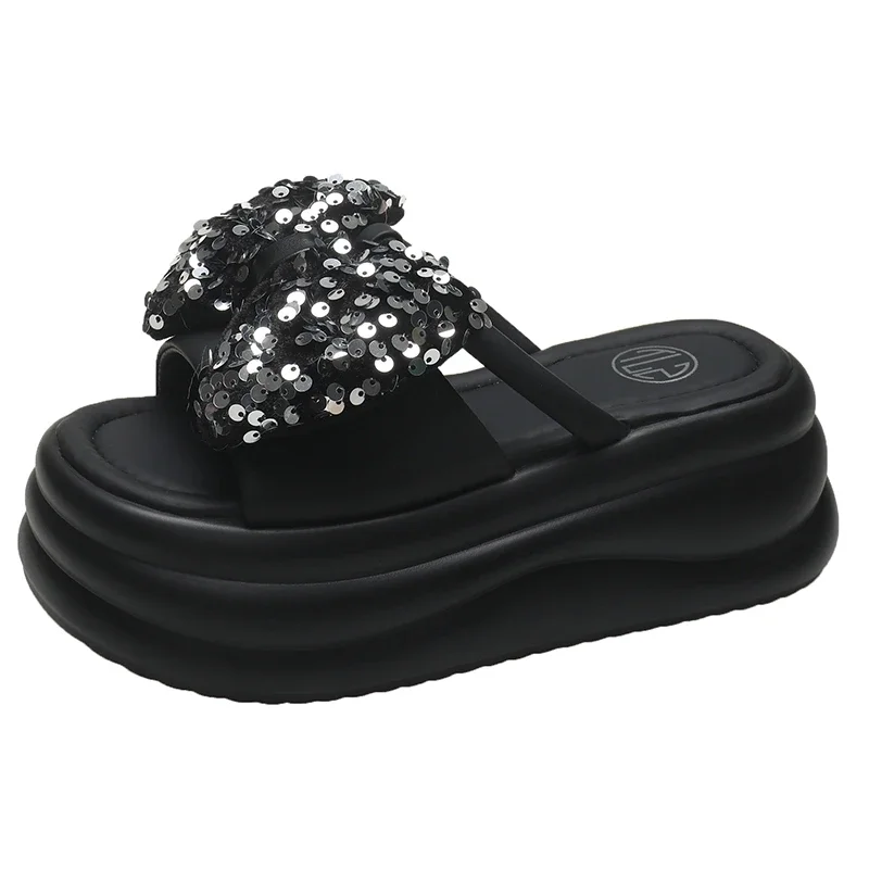 Zapatillas gruesas ostentosas para mujer, con cuñas Chanclas de playa, sandalias de exterior, zapatos de cuero con plataforma alta de 7,5 CM