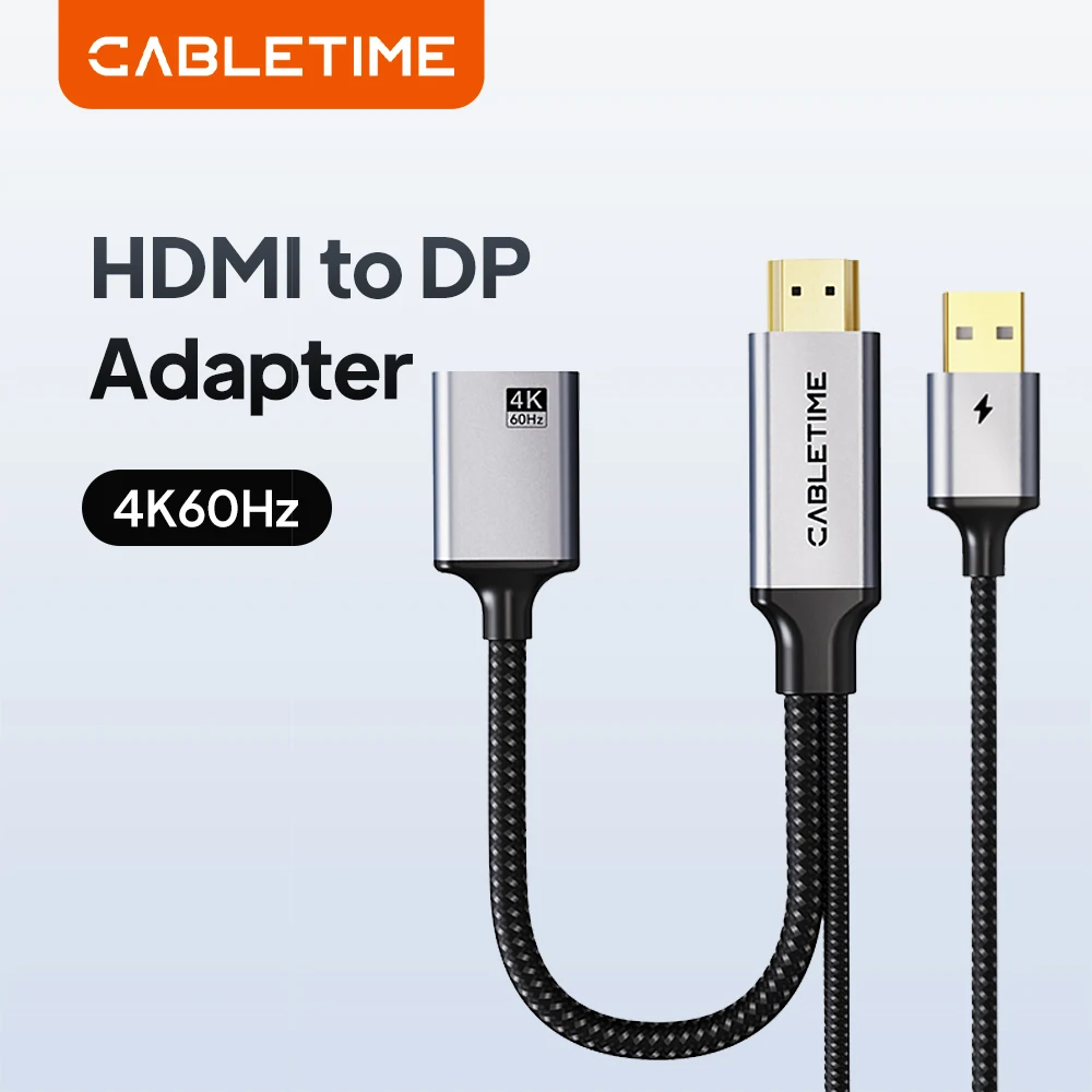 CABLETIME HDMI to DP Adapter Cable 4K 60Hz DisplayPort Converter Video Audio for XBox TV Monitor Projector Laptop Switch PS4/5