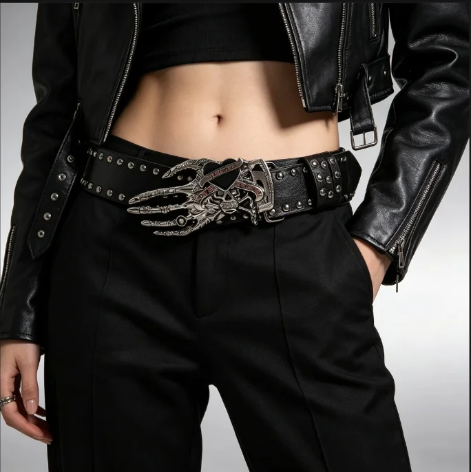 Harajuku Gothic Y2K Embossed Skeleton Hand Decoration Halloween Punk Skull Plus size Leather Belt For women and men Accessories