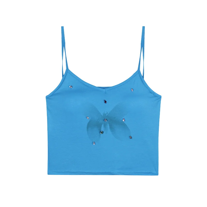 Summer Blue Strap Tank Top Female Butterfly Cami Top Women Summer Y2K High Street Sleeveless Spaghetti Strap Crop Top Streetwear