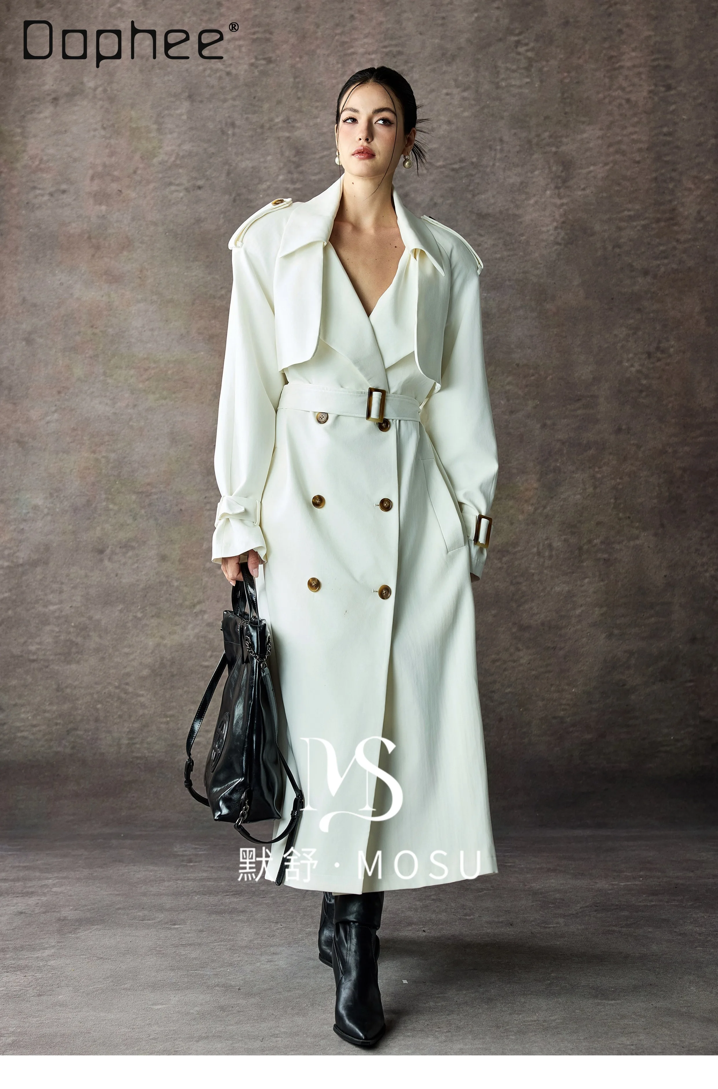 French Style Elegant Socialite White Lapel Tie Double-Breasted Trench Coat Women Autumn Commuting Versatile Elegant Long Coat