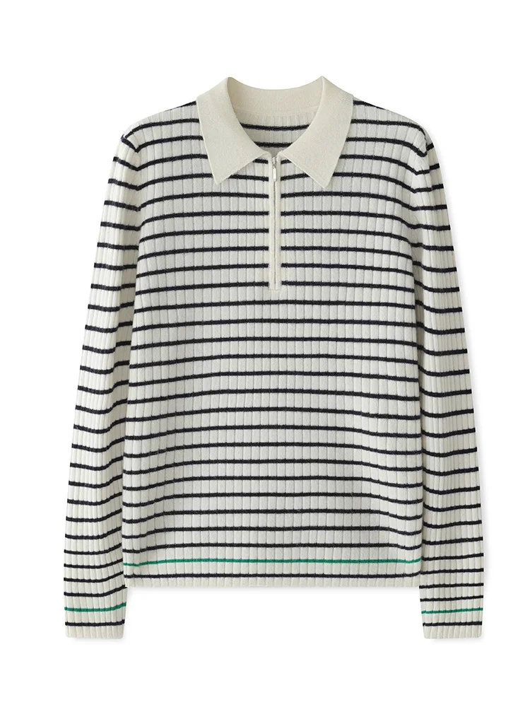 Gola polo feminina macio quente preto branco listrado pulôver 100% camisola de caxemira outono inverno simples moda roupas topos