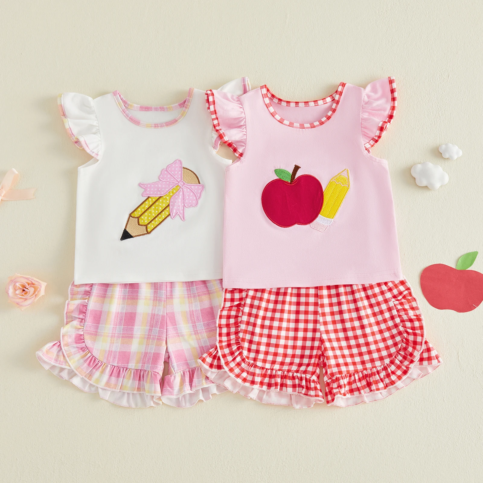 3-7Y Kids Girl Back to School Outfit Apple Pencil Embroidery Fly Sleeve Crew Neck Tops Plaid Shorts 2Pcs School Clothes Set