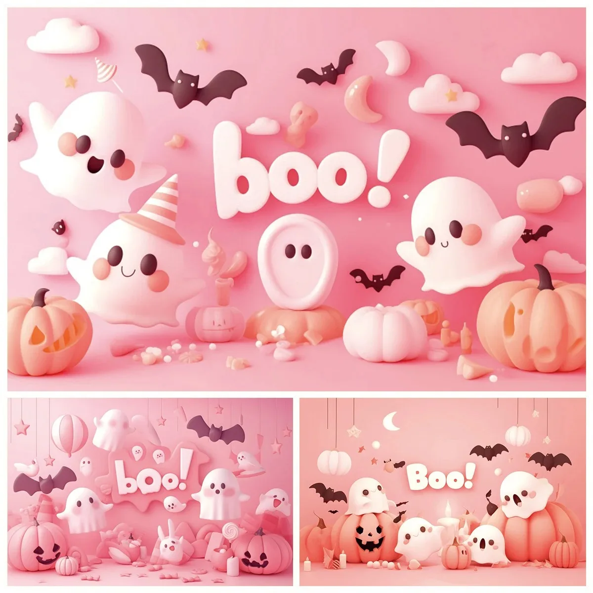 Halloween Photography Backdrop Pink Wall Spider Web Spooky Ghost Booing Pumpkin Girls Baby Birthday Party Decor Photo Background