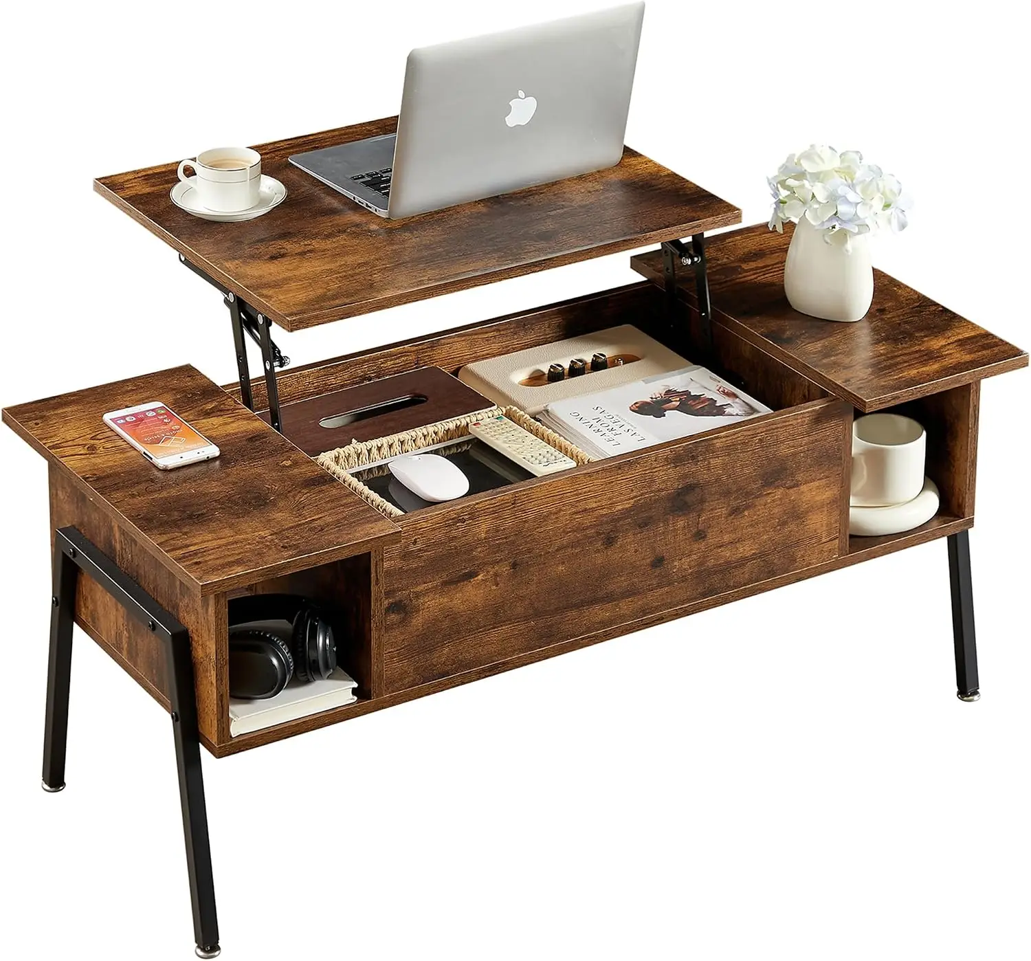 Wood Lift Top Coffee Table Hidden Compartment Storage Shelf Living Room Office Reception Rising Tabletop Brown