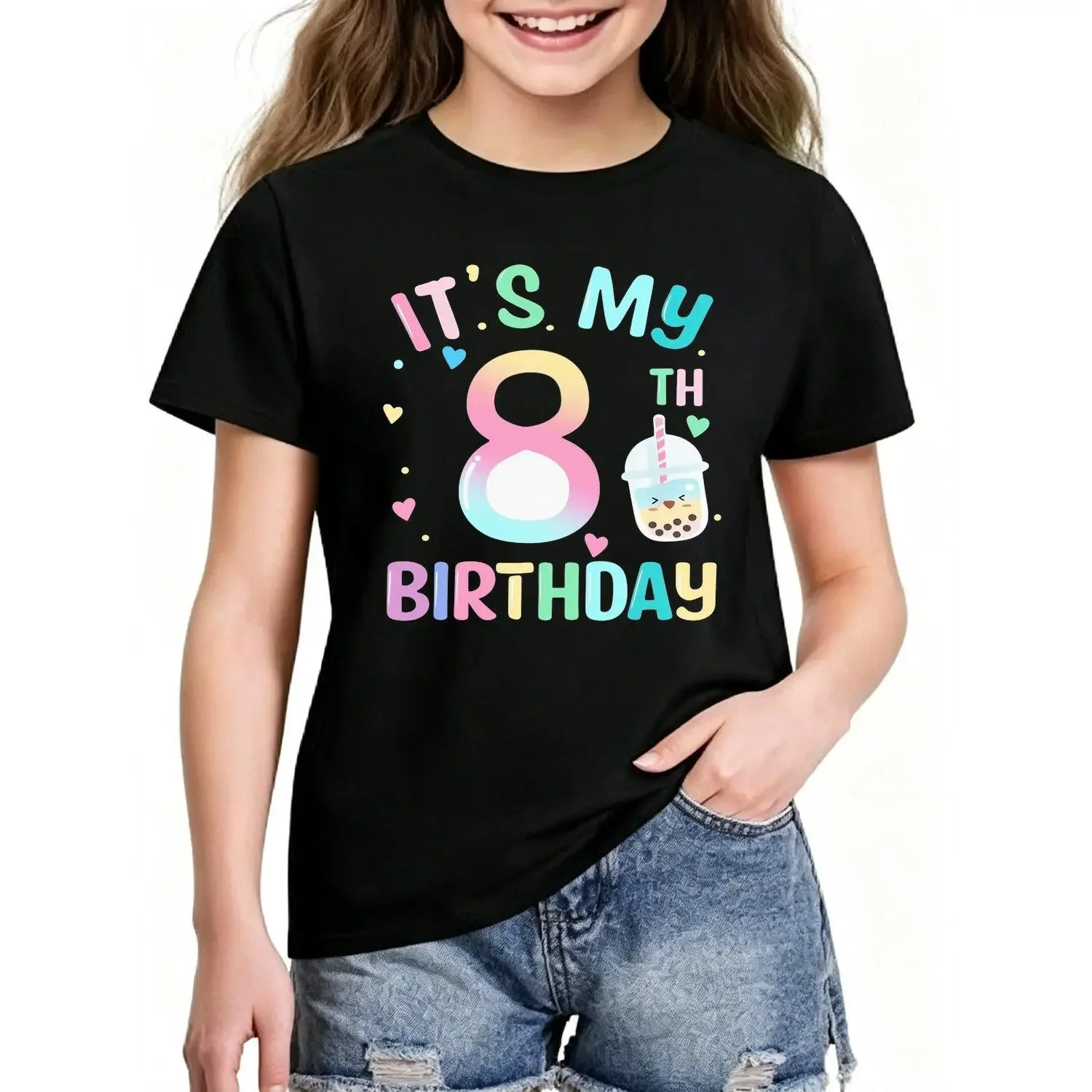 Adorable Colorful 8Th Birthday Designed for Girls Featuring a Vibrant Birthday Theme with Cartoon Bubble Tea Colorful Hearts and Embellishments Perfect for Party Celebrations and an Ideal Gift for Birthdays Girls T Shirt Tee Top Apparel Style