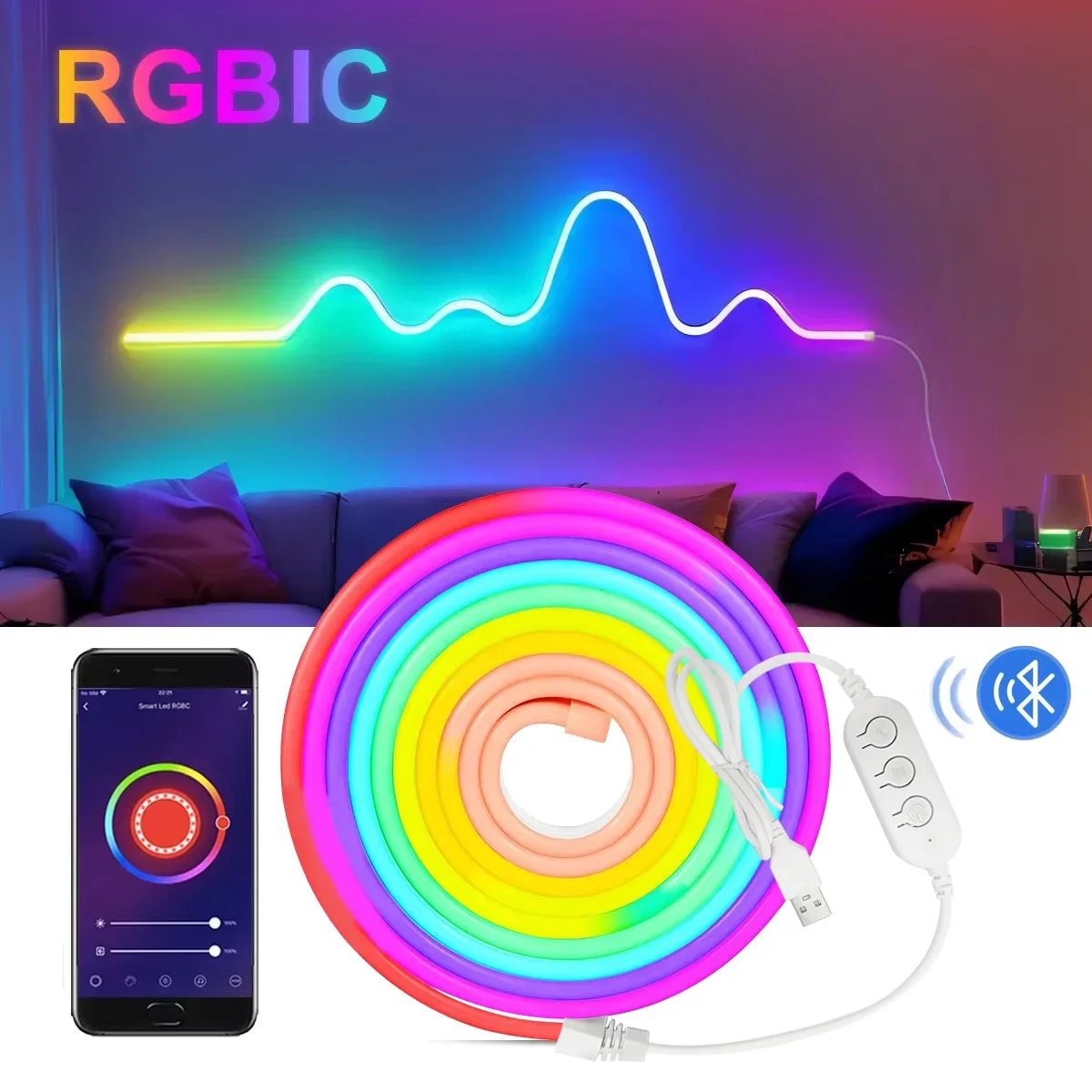 DC5V USB RGBIC Neon LED Strip Light 1M 2M 3M WS2812 Waterproof Neon Sign Tape Bluetooth Control For Room Wall Decor Fairy Light