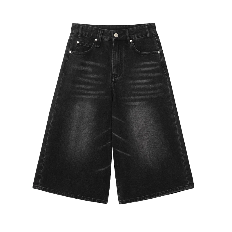 Women Black Y2k Style Baggy Denim Shorts Wide Leg Short Pants Fashion High Waisted Dark Wash Knee Length Jeans Female Casual