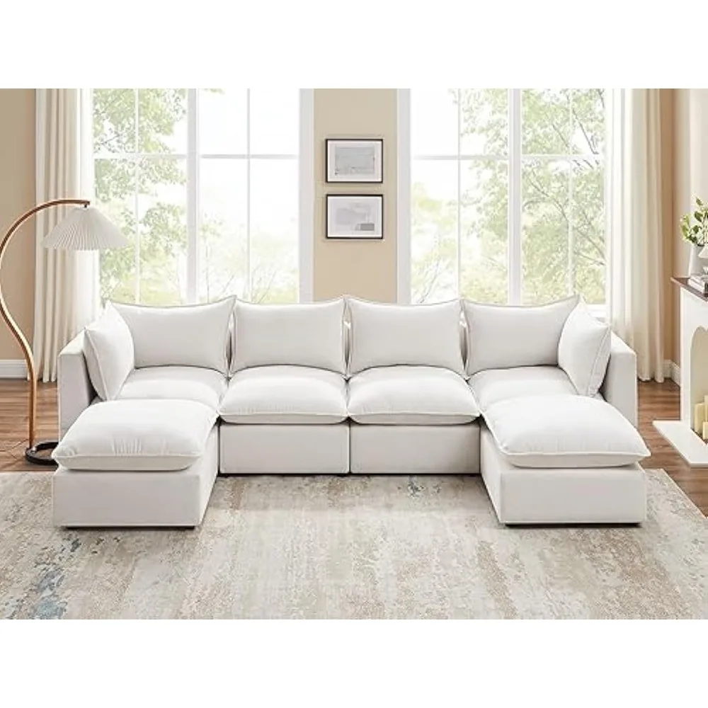 Convertible U-shaped sofa, modular segmented with foot pads, 6-seater sofa with lounge chairs for living room use