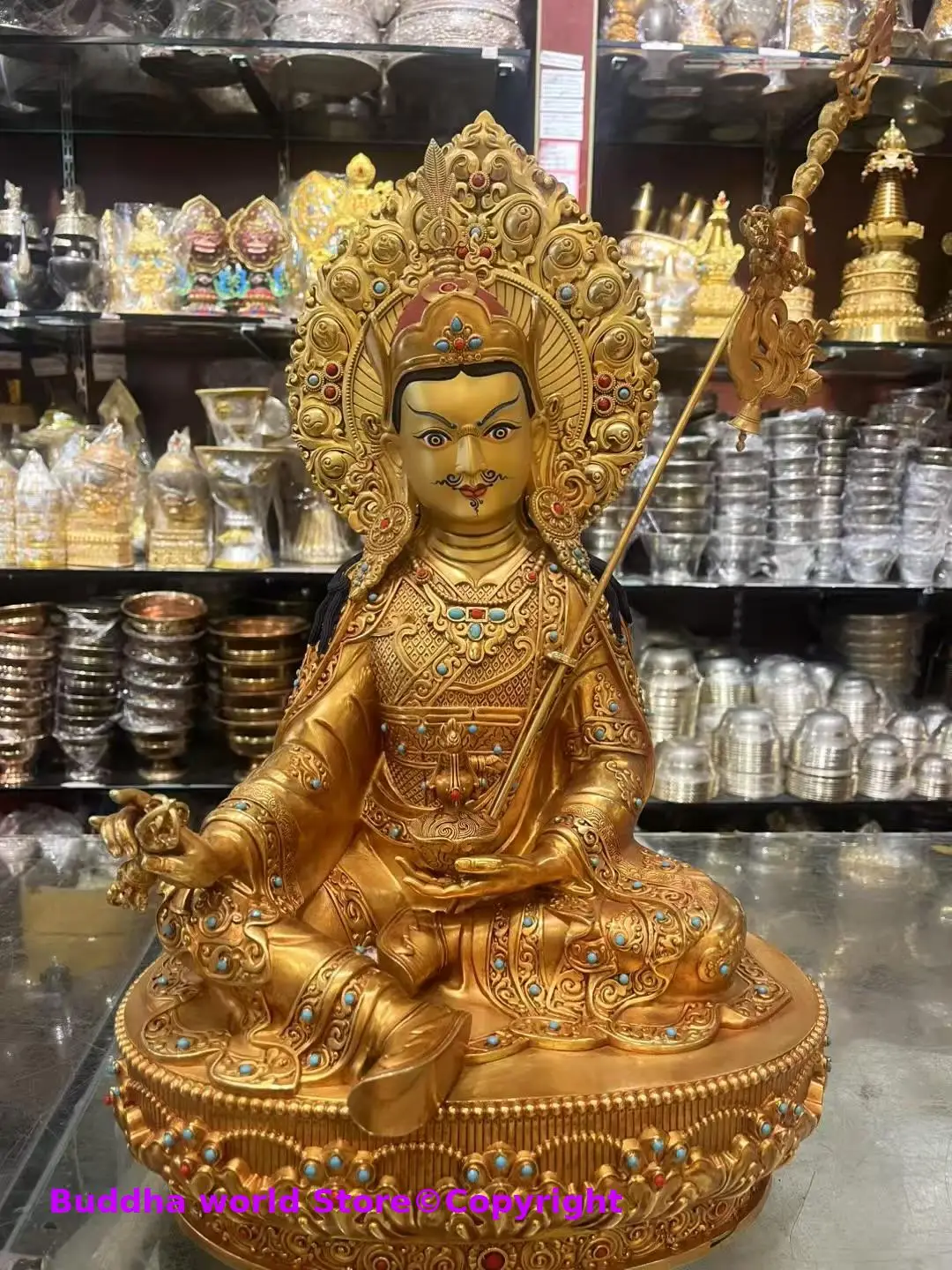 Estatua de Buda de alta gama grande de 33cm, exquisito Buda de cobre blanco tara Padmasambhava Guru Rinpoche, Buda de adoración budista del Tíbet