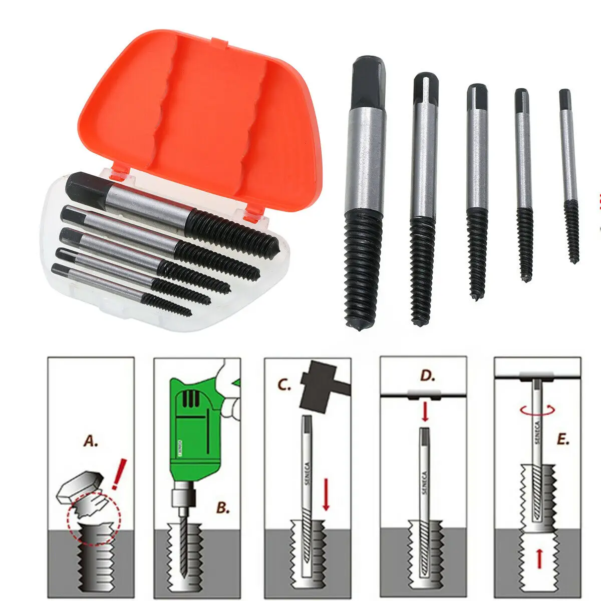 5Pcs/Set Steel Broken Speed Out Damaged Screw Extractor Drill Bit Guide Set Broken Bolt Remover Easy Out Set