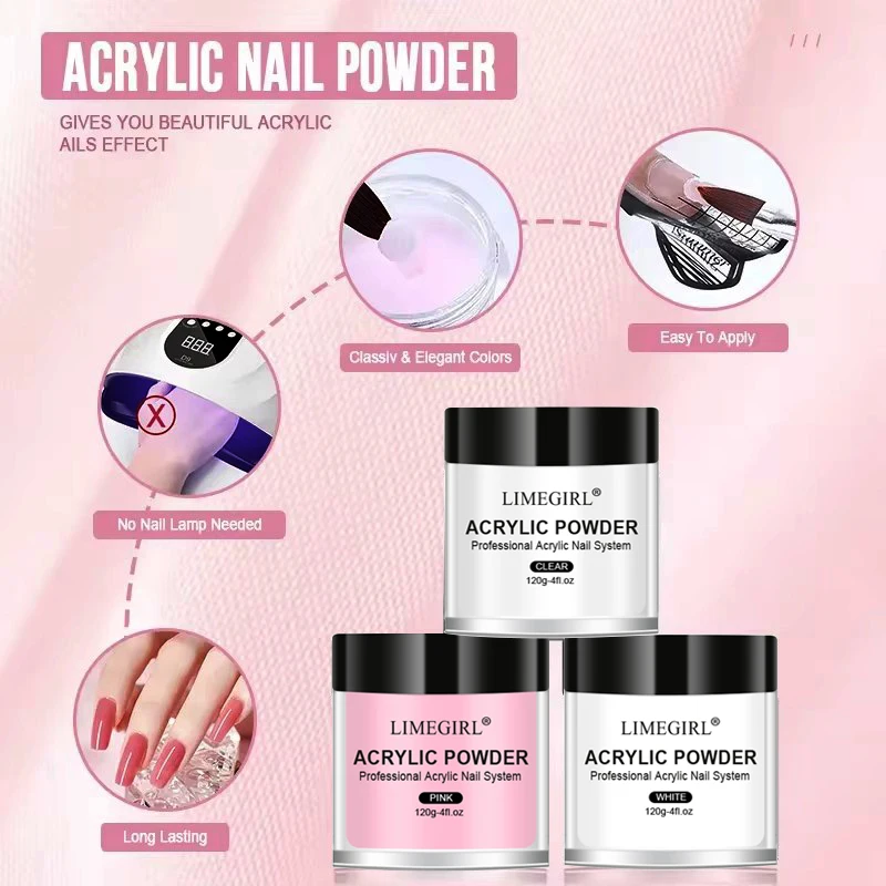 LIMEGIRL 120 جرام مسحوق أكريليك للأظافر 120 مللي مجموعة مونومر سائل وردي أبيض مسحوق أكريليك احترافي رسومات أظافر أدوات نحت ثلاثية الأبعاد