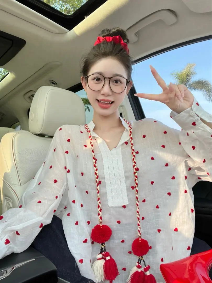 Słodka Dziewczyna Białe Serce Grochy Frędzle Tkana Lniana Damska Letnia Bluzka z Dekoltem w Serek Oddychająca Ochrona UV Długi Rękaw Koreański Styl