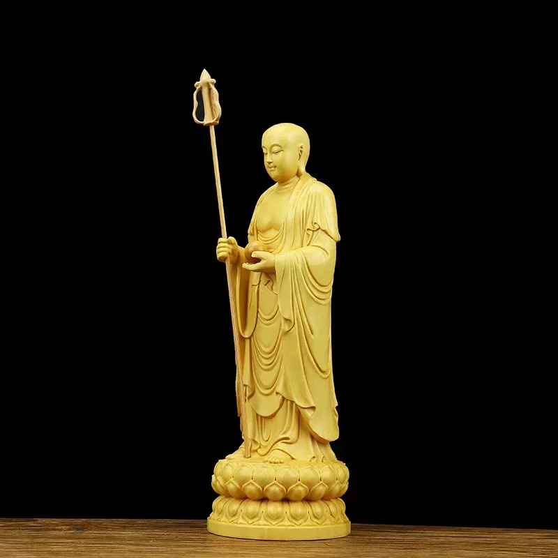 Solid wood carving Ksitigarbha statue，Traditional hand carving，Home Living Room Office Feng Shui Decoration 24cm Special offer