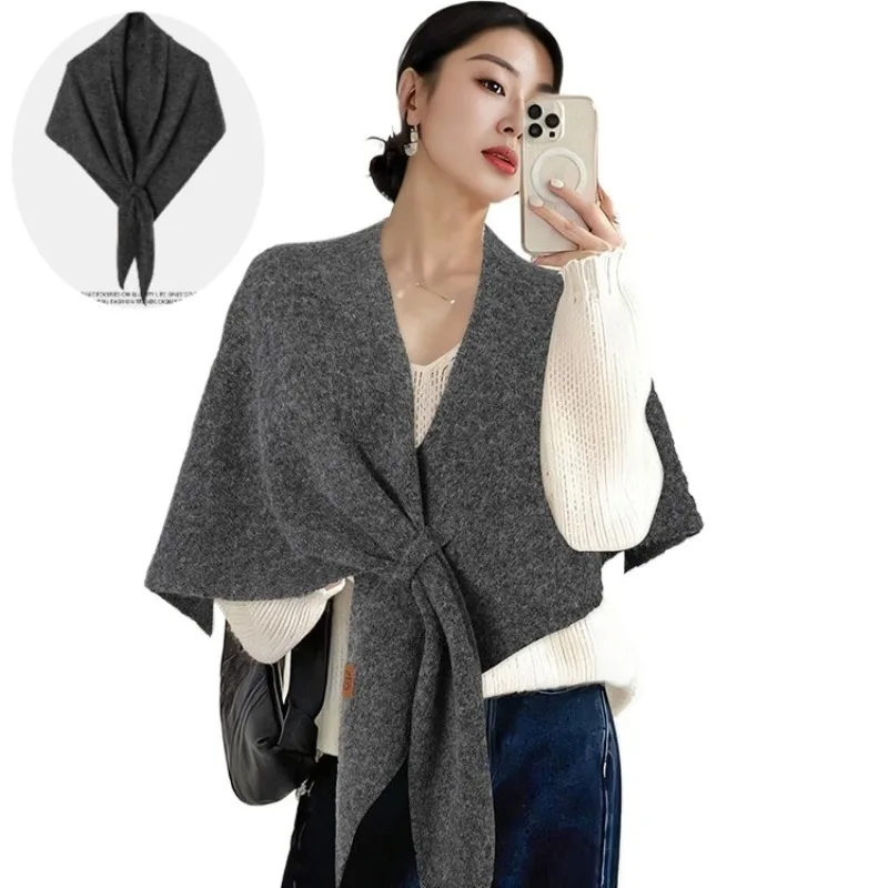 

Женский однотонный вязаный треугольный шарф, универсальный мягкий утепленный платок для шеи, зимняя мода, повседневный вязаный аксессуар для женщин